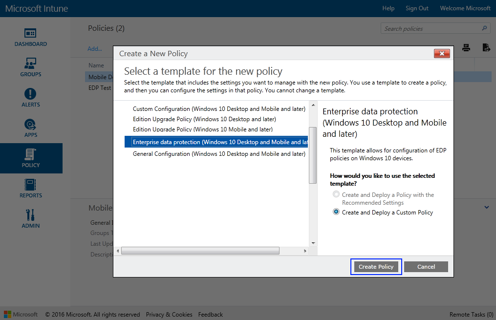 Microsoft Intune: Create your new policy from the New Policy screen