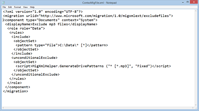 A sample USMT migration file that will exclude .MP3 files on all local drives and include the folder C:\\Data and all its files, including its subdirectories and their files..