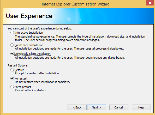 The User Experience selection screen in IEAK 11.
