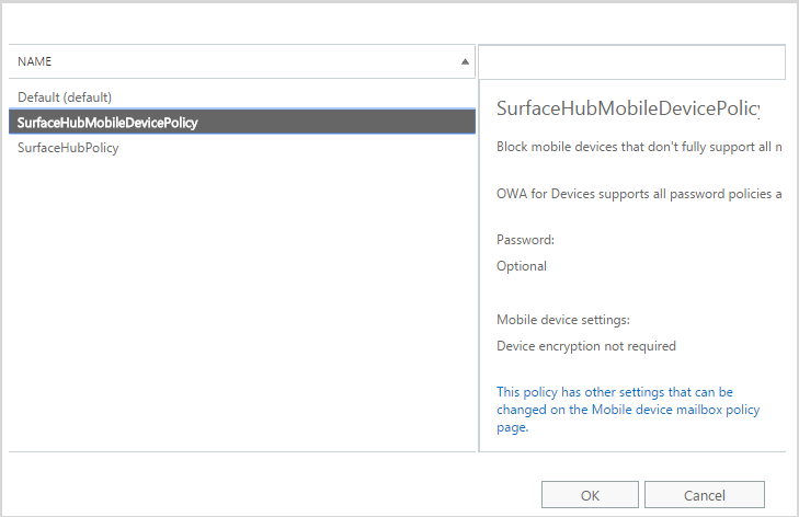 Image showing multiple mobile device mailbox policies.