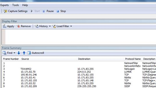 Frame summary of network packets.
