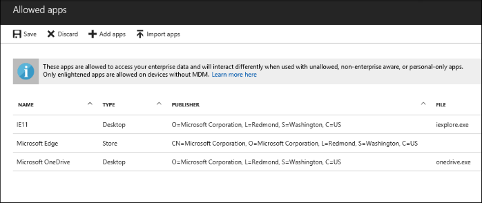 Microsoft Azure Intune management console: Allowed apps blade with recommended apps