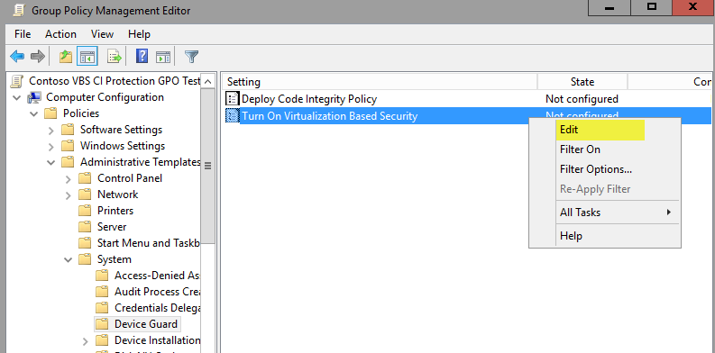 Edit the group policy for Virtualization Based Security