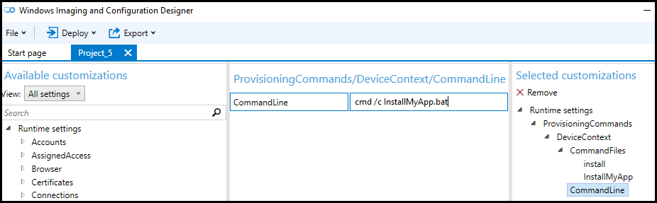 Command line in Selected customizations