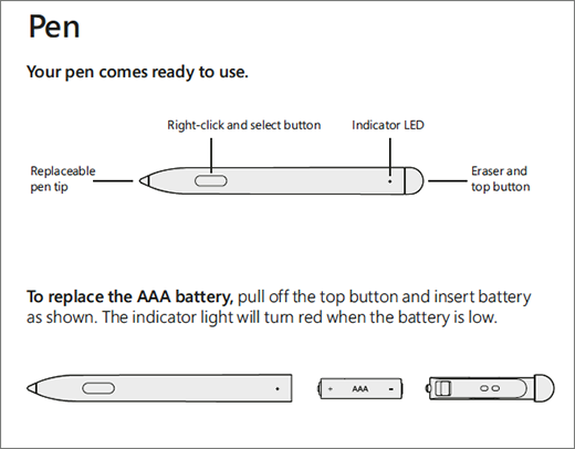 *Surface Hub 2 pen comes ready to use. To replace AAA battery, pull off the top button and insert battery as shown. The indicator light will turn red when the battery is low.*