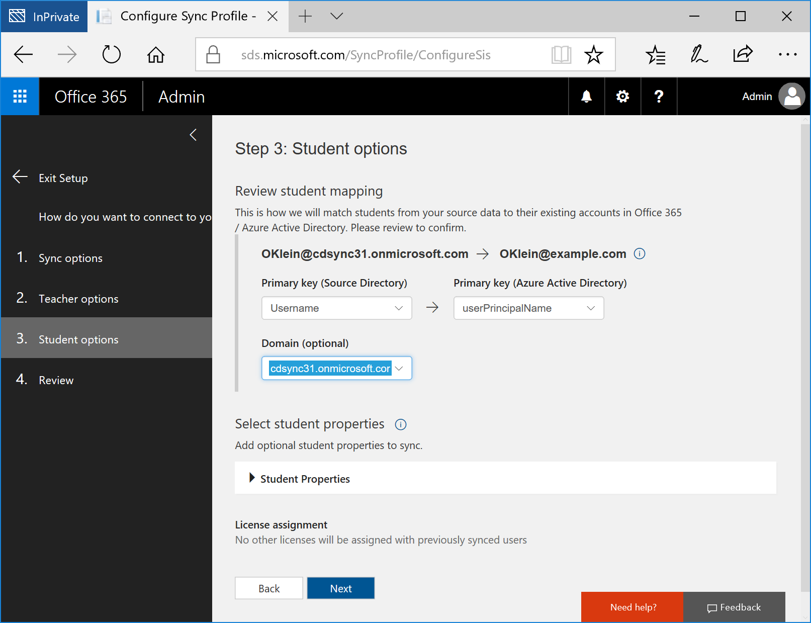 Specify options for student mapping