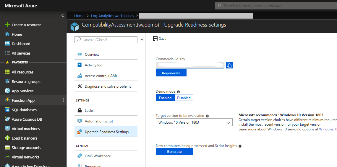 Settings page for Upgrade Readiness in Azure portsl