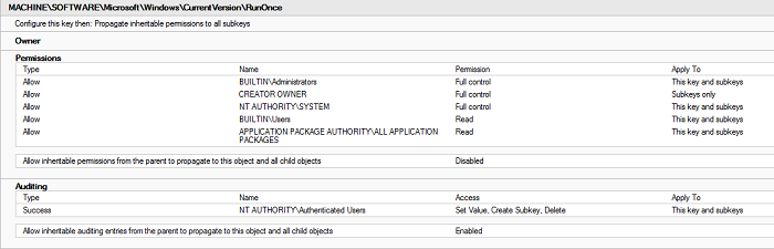 default acl for runonce key