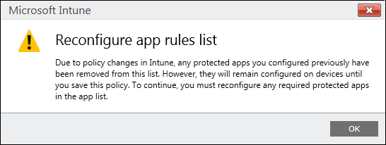 Microsoft Intune: Reconfigure app rules list dialog box