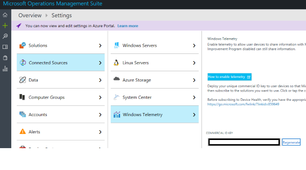 Operations Management Suite Settings dialog showing Connected sources and Windows telemetry selected and the commercial ID location marked by a black box in the lower right.