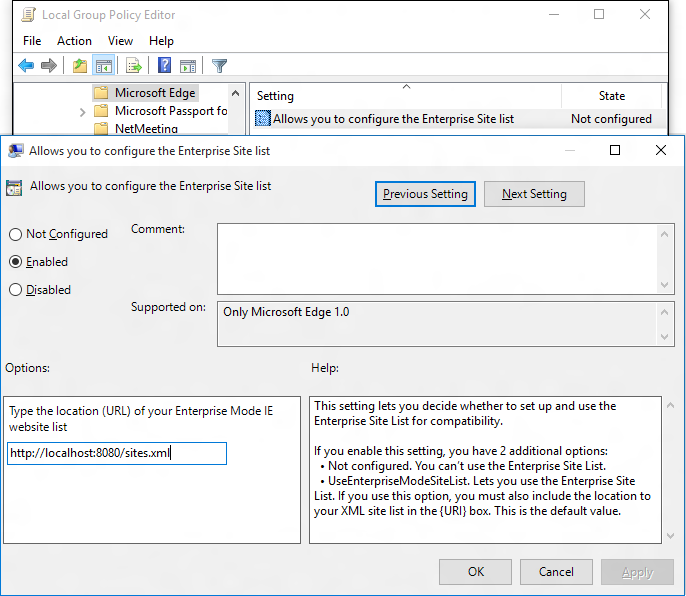 Local Group Policy Editor for using a site list