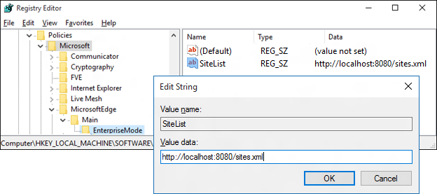 Enterprise mode with site list in the registry