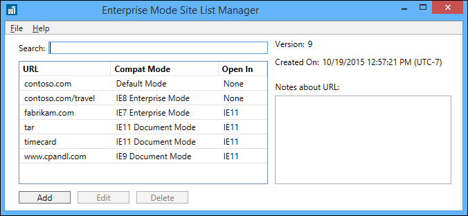 Enterprise Mode Site List Manager with Open in IE box