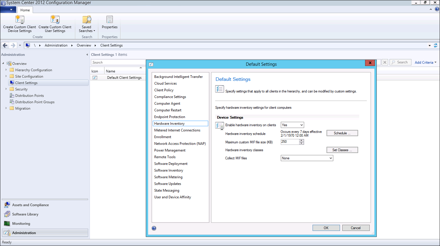 Configuration Manager, showing the hardware inventory settings for client computers