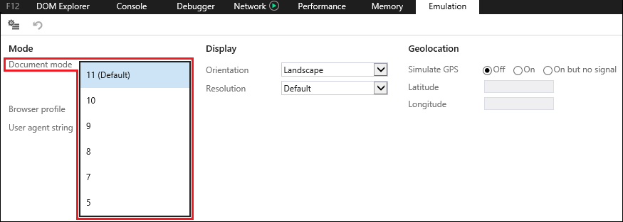 Emulation tool showing document mode selection