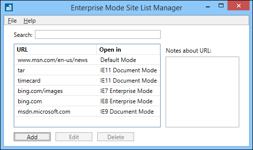 Enterprise Mode Site List Manager, showing the different modes