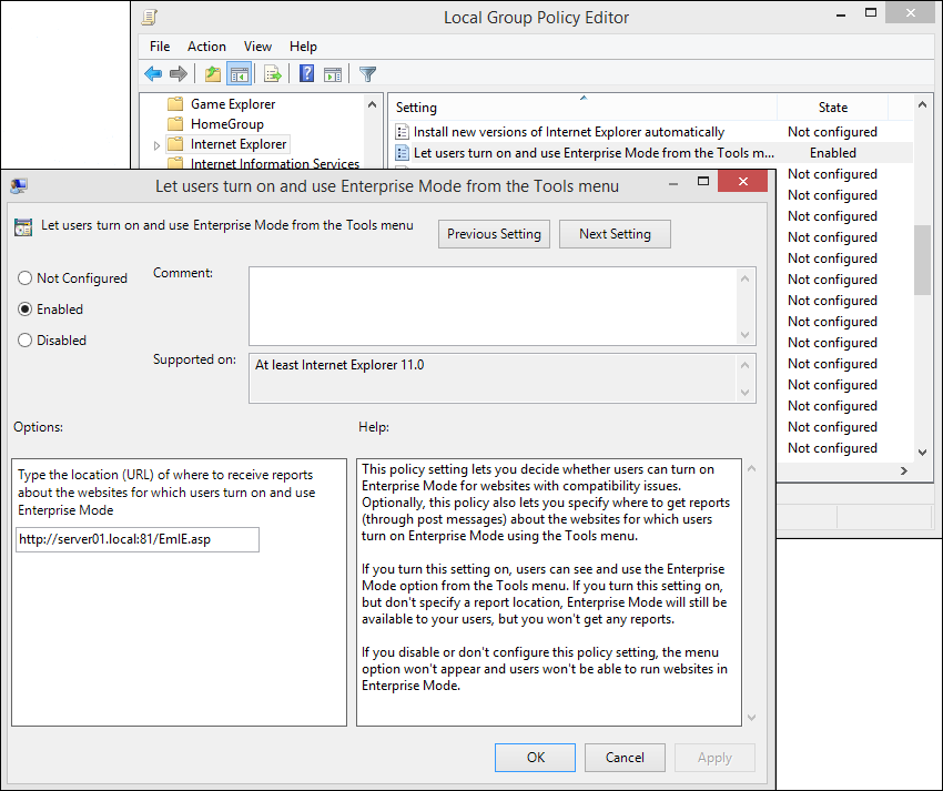 group policy editor with emie setting