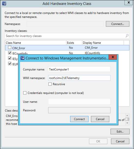 Configuration Manager, with the Connect to Windows Management Instrumentation (WMI) box