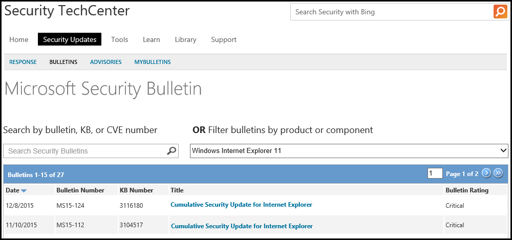 microsoft security bulletin techcenter