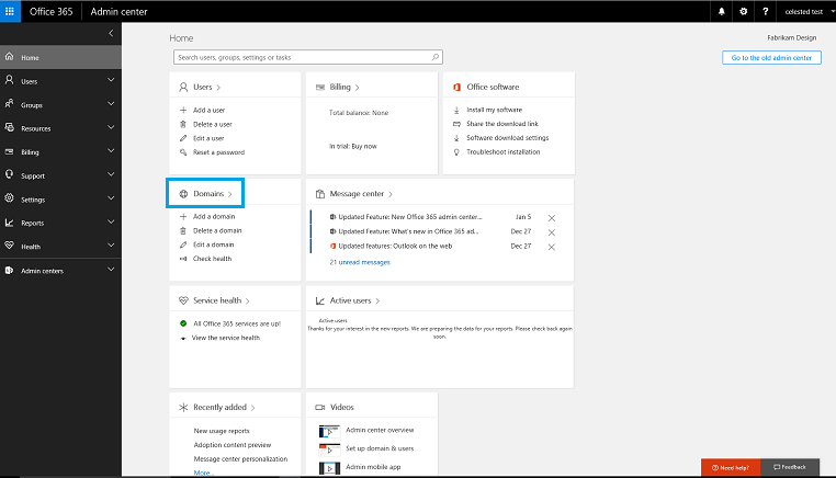 Add or buy a domain in Office 365 admin center