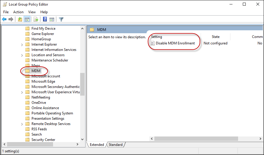 Disable MDM enrollment policy in GP Editor