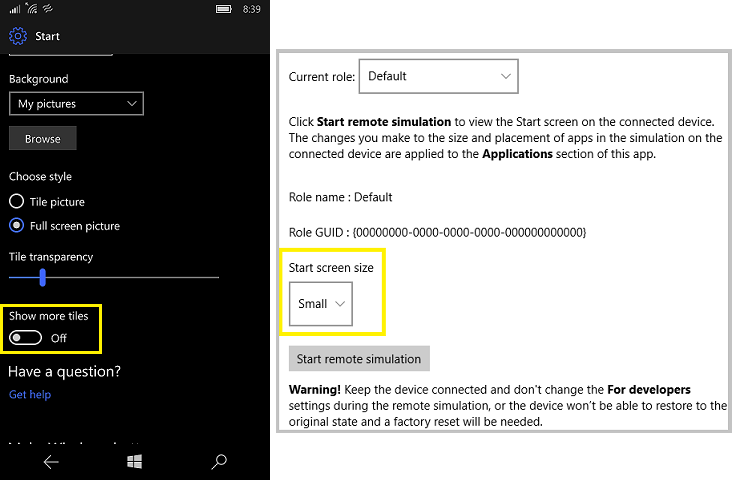 turn off show more tiles for small start screen size