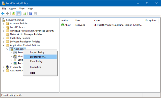 Local security snap-in, showing the Export Policy option