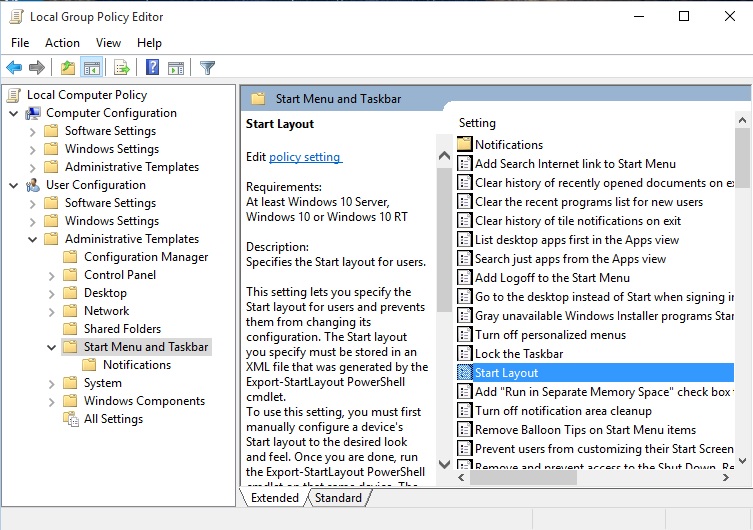 start screen layout policy settings