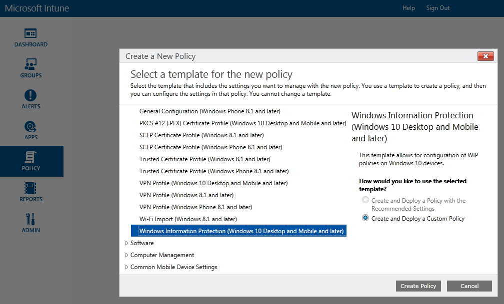 Microsoft Intune: Create your new policy from the New Policy screen