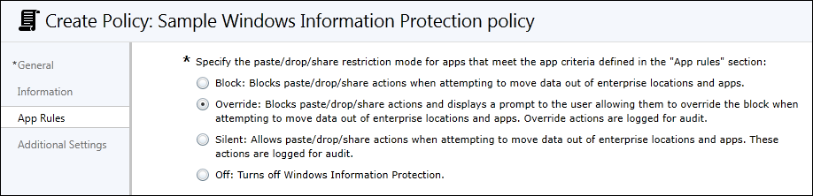 Microsoft Intune, Set the protection mode for your data