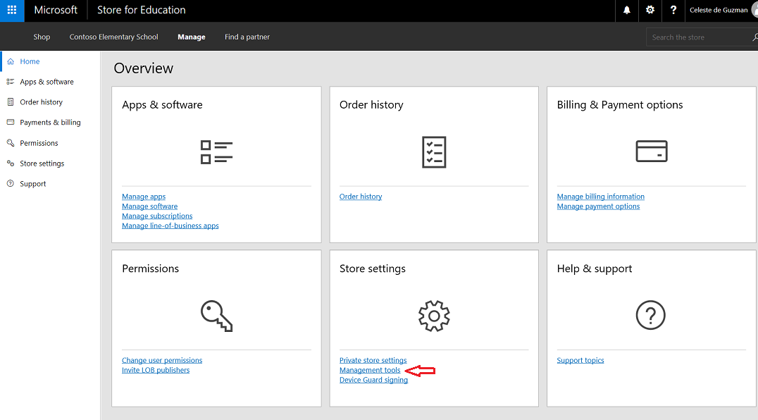 Select management tools from list of Store settings options