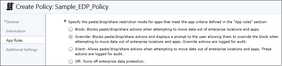 Microsoft Intune, Set the protection mode for your data