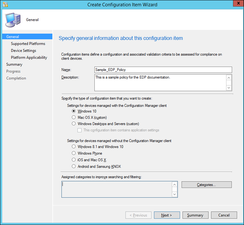 Create Configuration Item wizard, define the configuration item and choose the configuration type