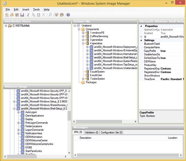 Windows answer file opened in Windows SIM.
