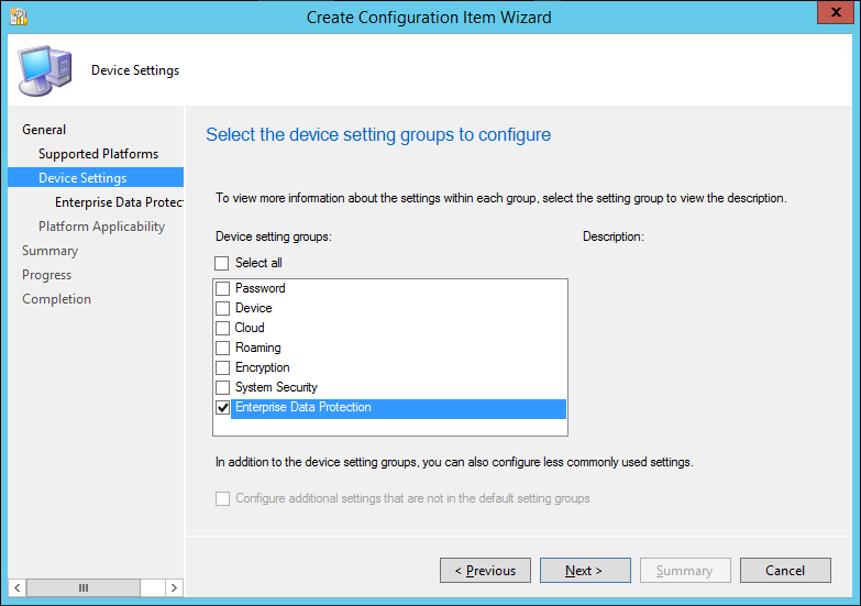 Create Configuration Item wizard, choose the enterprise data protection settings