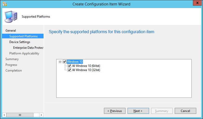 Create Configuration Item wizard, choose the supported platforms for the policy