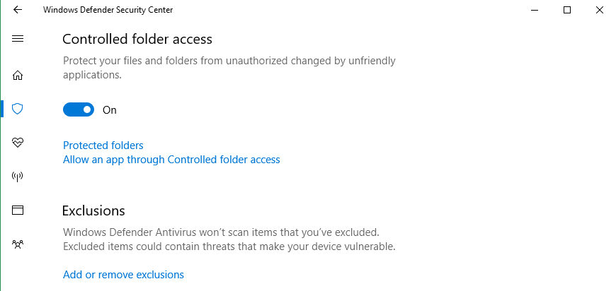 Screenshot of the CFA feature switched to On
