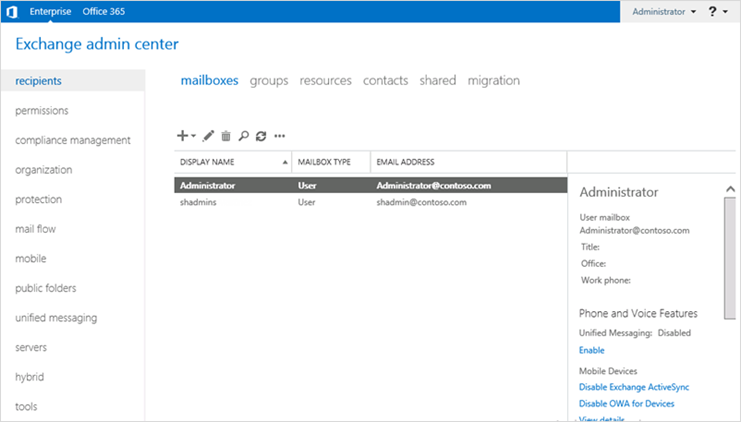 Image showing mailboxes in Exchange admin center.