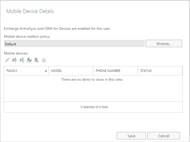 image showing the currently assigned mobile device mailbox policy.