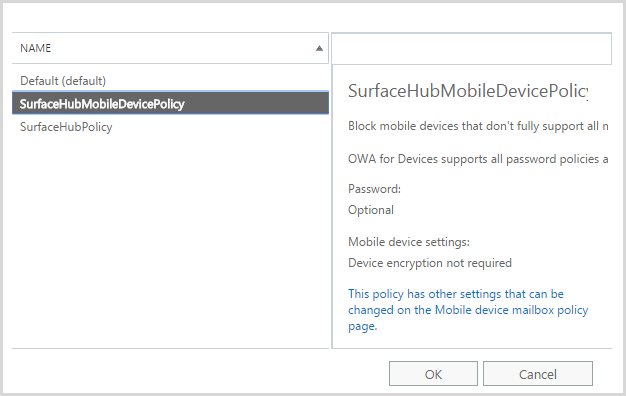 image showing list of mobile device mailbox policies.