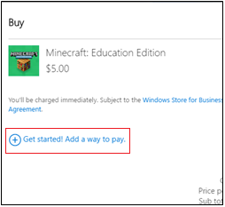 Buy page for an app, showing the link for Get started! Add a way to pay.