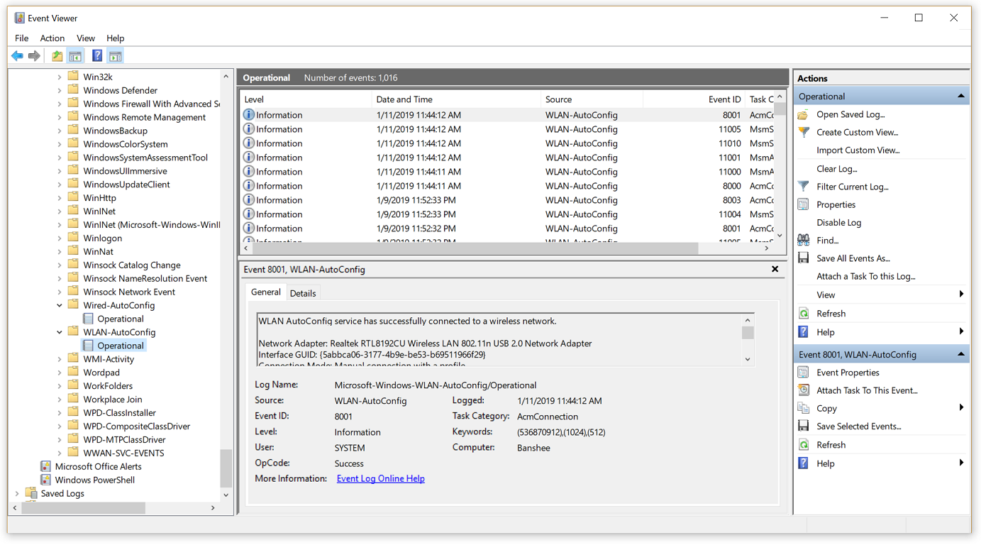 event viewer screenshot showing wired-autoconfig and WLAN autoconfig