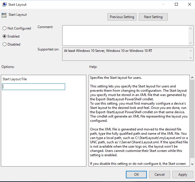 policy settings for start screen layout