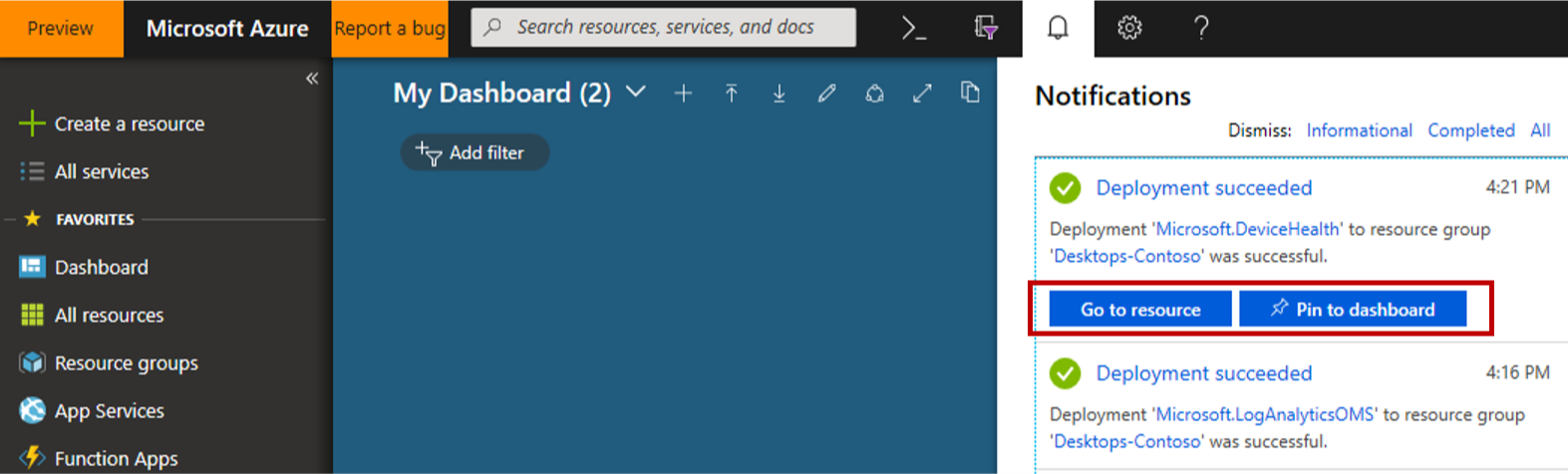 Azure portal all services page with Log Analytics found and selected as favorite