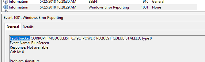 Event viewer detail showing Event 1001 details