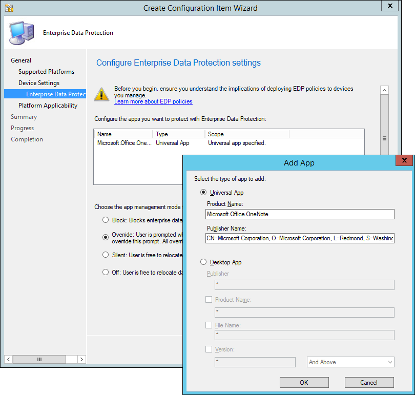 Create Configuration Item wizard, add a Universal Windows Platform (UWP) app