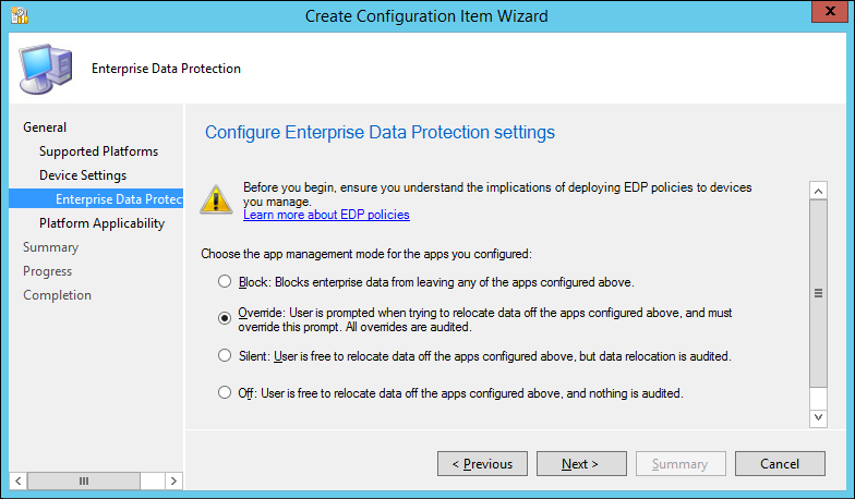 Create Configuration Item wizard, choose your EDP-protection level