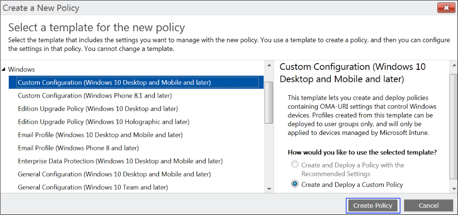 Microsoft Intune: Create a new policy from the New Policy screen