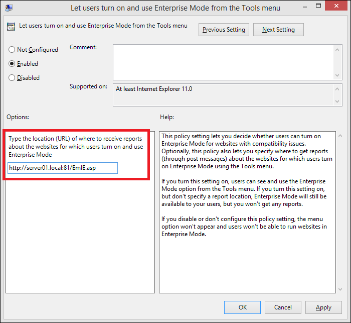 group policy to turn on enterprise mode