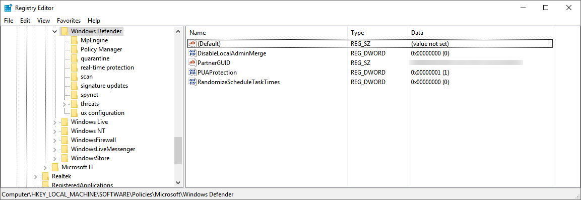 Image of registry key for Windows Defender Antivirus